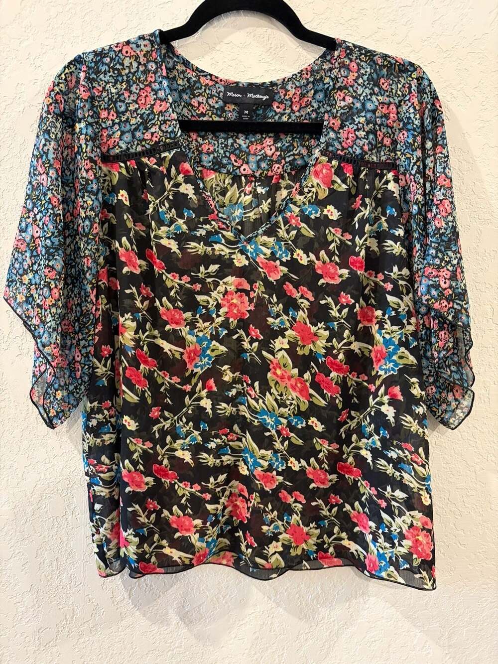 Mason + Mackenzie Floral Semi-Sheer Flutter Sleeve V-Neck Blouse